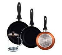 Well Home Set de 3 Sartenes Ø16Ø20Ø24cm de Aluminio prensado en Bronce metalizado+Cafetera de émbolo de vidrio borosilicato 15,8x10x18,8cm