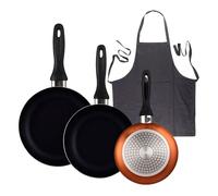 Well home set de 3 sartenes ø16ø20ø24cm de aluminio prensado en bronce metalizado+delantal de cocina gris oscuro 100% algodón 75x80cm 46 cm