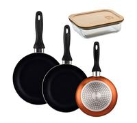 Well Home Set de 3 Sartenes Ø16Ø20Ø24cm de Aluminio prensado en Bronce metalizado+Hermético de 650ml en vidrio de borosilicato
