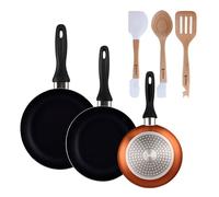 Well Home Set de 3 Sartenes Ø16Ø20Ø24cm de Aluminio prensado en Bronce metalizado+Juego de 3 Utensilios de cocina en silicona y madera