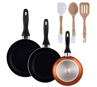 Well Home Set de 3 Sartenes Ø16Ø20Ø24cm de Aluminio prensado en Bronce metalizado+Juego de 3 Utensilios de cocina en silicona y madera