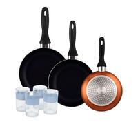 Well Home Set de 3 Sartenes Ø16Ø20Ø24cm de Aluminio prensado en Bronce metalizado+Juego de 4 Vasos de 0,5L