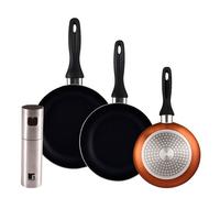 Well home set de 3 sartenes ø16ø20ø24cm de aluminio prensado en bronce metalizado+pulverizador de aceite y vinagre ø4x17,5cm en acero inoxidable
