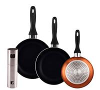 Well Home Set de 3 Sartenes Ø16Ø20Ø24cm de Aluminio prensado en Bronce metalizado+Pulverizador de Aceite y vinagre Ø4x17,5cm en acero inoxidable