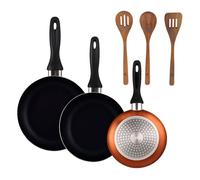 Well Home Set de 3 Sartenes Ø16Ø20Ø24cm de Aluminio prensado en Bronce metalizado+Set 3pc utensilios cocina madera acacia