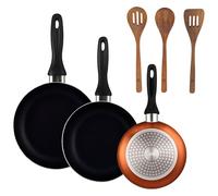 Well Home Set de 3 Sartenes Ø16Ø20Ø24cm de Aluminio prensado en Bronce metalizado+Set 3pc utensilios cocina madera acacia