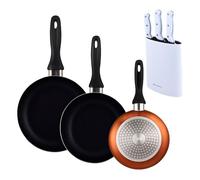 Well home set de 3 sartenes ø16ø20ø24cm de aluminio prensado en bronce metalizado+set de 3 cuchillos con tacoma en acero inoxidable