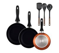 Well Home Set de 3 Sartenes Ø16Ø20Ø24cm de Aluminio prensado en Bronce metalizado+ Set de 3 Utensilios de cocina de PBT negro y cobre