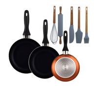 Well Home Set de 3 Sartenes Ø16Ø20Ø24cm de Aluminio prensado en Bronce metalizado+Set de 5 Utensilios de Cocina de Silicona y Madera de Acacia