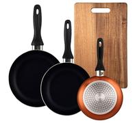 Well Home Set de 3 Sartenes Ø16Ø20Ø24cm de Aluminio prensado en Bronce metalizado+Tabla de cortar 40,3x25,2x2,5cm de madera de acacia