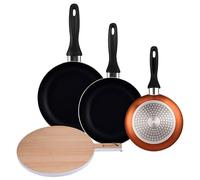 Well Home Set de 3 Sartenes Ø16Ø20Ø24cm de Aluminio prensado en Bronce metalizado+Tabla de corte Redonda de 38x28x1,5cm en madera de haya