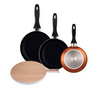 Well home set de 3 sartenes ø16ø20ø24cm de aluminio prensado en bronce metalizado+tabla de corte redonda de 38x28x1,5cm en madera de haya 46 cm