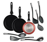 Well Home Set de 3 Sartenes Ø16Ø20Ø24cm de Aluminio prensado en Cobre metalizado + 6 Utensilios de cocina en PBT color Negro