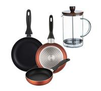Well Home Set de 3 Sartenes Ø16Ø20Ø24cm de Aluminio prensado en Cobre metalizado+Cafetera de émbolo de vidrio borosilicato 15,8x10x18,8cm
