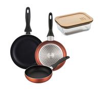 Well Home Set de 3 Sartenes Ø16Ø20Ø24cm de Aluminio prensado en Cobre metalizado+Hermético de 650ml en vidrio de borosilicato