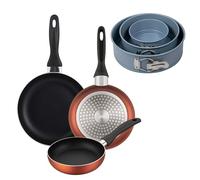 Well Home Set de 3 Sartenes Ø16Ø20Ø24cm de Aluminio prensado en Cobre metalizado+Juego de 3 moldes de horno redondos Ø12Ø18Ø22cm