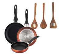 Well Home Set de 3 Sartenes Ø16Ø20Ø24cm de Aluminio prensado en Cobre metalizado+Set 3pc utensilios cocina madera acacia