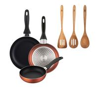 Well Home Set de 3 Sartenes Ø16Ø20Ø24cm de Aluminio prensado en Cobre metalizado+Set 3pcs utensilios de cocina acacia