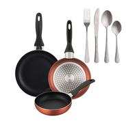 Well Home Set de 3 Sartenes Ø16Ø20Ø24cm de Aluminio prensado en Cobre metalizado+Set de 16 Cubiertos en Acero Inoxidable