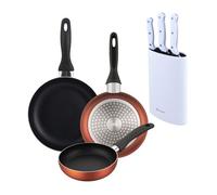 Well Home Set de 3 Sartenes Ø16Ø20Ø24cm de Aluminio prensado en Cobre metalizado+Set de 3 Cuchillos con Tacoma en Acero inoxidable