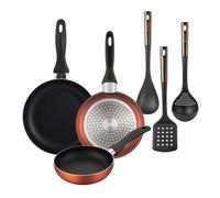Well Home Set de 3 Sartenes Ø16Ø20Ø24cm de Aluminio prensado en Cobre metalizado+ Set de 3 Utensilios de cocina de PBT negro y cobre