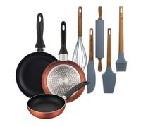 Well Home Set de 3 Sartenes Ø16Ø20Ø24cm de Aluminio prensado en Cobre metalizado+Set de 5 Utensilios de Cocina de Silicona y Madera de Acacia