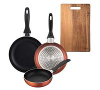 Well Home Set de 3 Sartenes Ø16Ø20Ø24cm de Aluminio prensado en Cobre metalizado+Tabla de cortar 40,3x25,2x2,5cm de madera de acacia