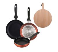 Well Home Set de 3 Sartenes Ø16Ø20Ø24cm de Aluminio prensado en Cobre metalizado+Tabla de corte Redonda de 38x28x1,5cm en madera de haya