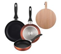 Well Home Set de 3 Sartenes Ø16Ø20Ø24cm de Aluminio prensado en Cobre metalizado+Tabla de corte Redonda de 38x28x1,5cm en madera de haya