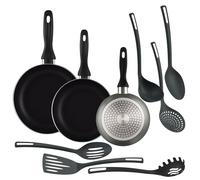 Well Home Set de 3 Sartenes Ø16Ø20Ø24cm de Aluminio prensado en Gris metalizado + 6 Utensilios de cocina en PBT color Negro