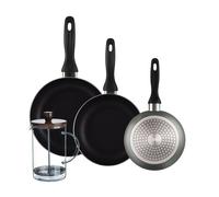 Well Home Set de 3 Sartenes Ø16Ø20Ø24cm de Aluminio prensado en Gris metalizado+Cafetera de émbolo de vidrio borosilicato 15,8x10x18,8cm