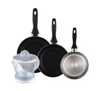 Well home set de 3 sartenes ø16ø20ø24cm de aluminio prensado en gris metalizado+exprimidor de 40w de potencia - capacidad de 1.2 litros