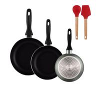 Well Home Set de 3 Sartenes Ø16Ø20Ø24cm de Aluminio prensado en Gris metalizado+Juego de 2 utensilios de cocina de silicona