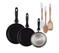 Well home set de 3 sartenes ø16ø20ø24cm de aluminio prensado en gris metalizado+juego de 3 utensilios de cocina en silicona y madera 46 cm