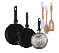 Well Home Set de 3 Sartenes Ø16Ø20Ø24cm de Aluminio prensado en Gris metalizado+Juego de 3 Utensilios de cocina en silicona y madera