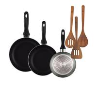 Well Home Set de 3 Sartenes Ø16Ø20Ø24cm de Aluminio prensado en Gris metalizado+Set 3pc utensilios cocina madera acacia