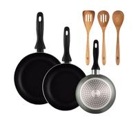 Well home set de 3 sartenes ø16ø20ø24cm de aluminio prensado en gris metalizado+set 3pcs utensilios de cocina acacia