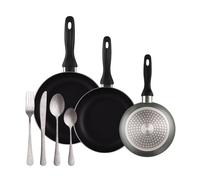 Well Home Set de 3 Sartenes Ø16Ø20Ø24cm de Aluminio prensado en Gris metalizado+Set de 16 Cubiertos en Acero Inoxidable