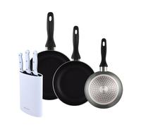 Well home set de 3 sartenes ø16ø20ø24cm de aluminio prensado en gris metalizado+set de 3 cuchillos con tacoma en acero inoxidable 14 cm