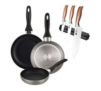 Well Home Set de 3 Sartenes Ø16Ø20Ø24cm de Aluminio prensado en Gris metalizado+Set de 3 Cuchillos en acero inoxidable con Soporte magnético de pared