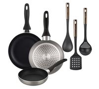 Well Home Set de 3 Sartenes Ø16Ø20Ø24cm de Aluminio prensado en Gris metalizado+ Set de 3 Utensilios de cocina de PBT negro y cobre