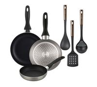 Well home set de 3 sartenes ø16ø20ø24cm de aluminio prensado en gris metalizado+ set de 3 utensilios de cocina de pbt negro y cobre 14 cm
