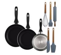 Well Home Set de 3 Sartenes Ø16Ø20Ø24cm de Aluminio prensado en Gris metalizado+Set de 5 Utensilios de Cocina de Silicona y Madera de Acacia