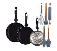 Well home set de 3 sartenes ø16ø20ø24cm de aluminio prensado en gris metalizado+set de 5 utensilios de cocina de silicona y madera de acacia 36 cm