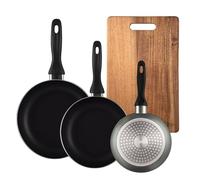 Well Home Set de 3 Sartenes Ø16Ø20Ø24cm de Aluminio prensado en Gris metalizado+Tabla de cortar 40,3x25,2x2,5cm de madera de acacia