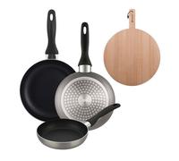 Well Home Set de 3 Sartenes Ø16Ø20Ø24cm de Aluminio prensado en Gris metalizado+Tabla de corte Redonda de 38x28x1,5cm en madera de haya