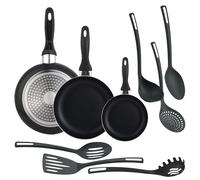 Well Home Set de 3 Sartenes Ø16Ø20Ø24cm de Aluminio prensado en Negro + 6 Utensilios de cocina en PBT color Negro