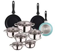 Well Home Set de Batería de cocina de 12pc en acero inoxidable + 3 Sartenes Ø16Ø20Ø24cm Azul mate en aluminio prensado