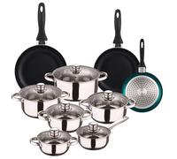 Well Home Set de Batería de cocina de 12pc en acero inoxidable + 3 Sartenes Ø16Ø20Ø24cm Azul metalizado en aluminio prensado