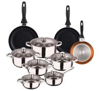 Well Home Set de Batería de cocina de 12pc en acero inoxidable + 3 Sartenes Ø16Ø20Ø24cm Bronce metalizado en aluminio prensado
